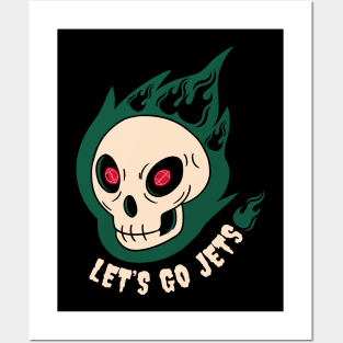 Skull with burning football eyes.  Let's go Jets! Posters and Art